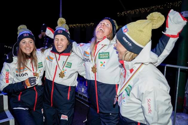 Ski WC 2023 medal ceremony Planica, Slovenia 20230303 Tiril Udnes Weng, Astrid oyre Slind, Ragnhild Flugstad ostberg and Anne Kjersti Kalva celebrate after receiving the gold medals after winning WC gold in the womens relay during the Ski WC 2023 in Planica, Slovenia Photo Heiko Junge NTB Photo Heiko Junge NTB Planica Slovenia EDITORIAL USE ONLY RESTRICTED USE FOR BETTING COMPANIES  Copyright: xHeikoxJungex xNTBx