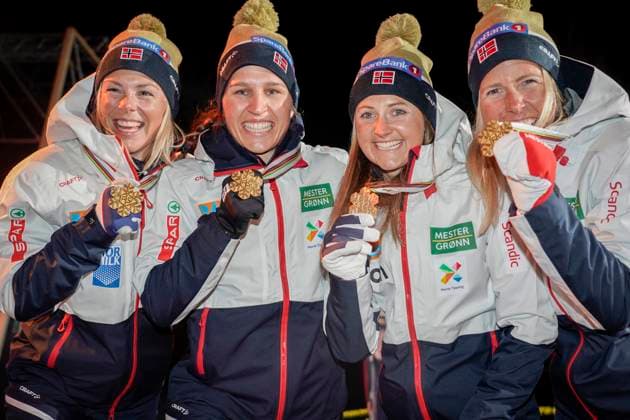 Ski WC 2023 medal ceremony Planica, Slovenia 20230303 Tiril Udnes Weng, Astrid oyre Slind, Ragnhild Flugstad ostberg and Anne Kjersti Kalva with the gold medals after winning the womens relay during the Ski WC 2023 in Planica, Slovenia Photo Heiko Junge NTB Photo Heiko Junge NTB Planica Slovenia EDITORIAL USE ONLY RESTRICTED USE FOR BETTING COMPANIES  Copyright: xHeikoxJungex xNTBx