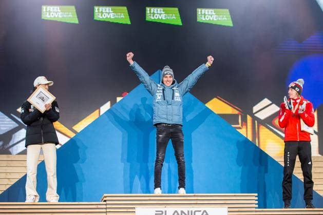NORDIC SKIING - FIS Nordic WC Planica 2023 KRANJSKA GORA,SLOVENIA,04.MAR.23 - NORDIC SKIING, Ski jumping, Skispringen, Ski, nordisch - FIS Nordic World Ski Championships, large hill, men, medal plaza, award ceremony. Image shows Ryoyu Kobayashi (JPN), Timi Zajc (SLO) and Dawid Kubacki (POL). GEPAxpictures xGintarexKarpaviciute