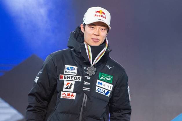 NORDIC SKIING - FIS Nordic WC Planica 2023 KRANJSKA GORA,SLOVENIA,04.MAR.23 - NORDIC SKIING, Ski jumping, Skispringen, Ski, nordisch - FIS Nordic World Ski Championships, large hill, men, medal plaza, award ceremony. Image shows Ryoyu Kobayashi (JPN). GEPAxpictures xGintarexKarpaviciute