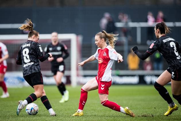 FLYERALARM Women Football Bundesliga, 1 FC Koeln Bayer 04 Leverkusen 05 03 2023 Lisanne Graewe Bayer 04 Leverkusen, 8 , Weronika Zaistowska 1 FC Koeln, 24 , Selina Ostermeier Bayer 04 Leverkusen, 2 FLYERALARM Women Football Bundesliga, 1 FC Koeln Bayer 04 Leverkusen, Koeln, Geissbockheim DFB REGULATIONS PROHIBIT ANY USE OF PHOTOGRAPHS AS IMAGE SEQUENCES AND OR QUASI VIDEO Copyright: xBEAUTIFULxSPORTS Wunderlx