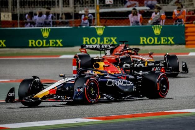 BAHRAIN - Max Verstappen (Red Bull Racing) and Charles Leclerc (Ferrari) in action during the Bahrain Grand Prix. It is the first race of the 2023 Formula 1 season. ANP SEM VAN DER WAL F1 Grand Prix of Bahrain 2023 xVIxANPxSportx xxANPxIVx 464245903 originalFilename: 464245903.jpg