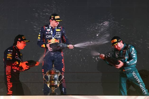 F1 Bahrain Grand Prix Sergio Perez, Max Verstappen of Red Bull Racing and Fernando Alonso of Aston Martin Aramco after Bahrain Grand Prix at Sakhir Circuit in Sakhir, Bahrain on March 5, 2023. Sakhir Bahrain  Copyright: xJakubxPorzyckix originalFilename:porzycki-f1bahrai230305_npKtd.jpg