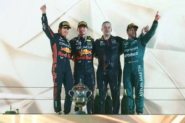 F1 Bahrain Grand Prix Sergio Perez, Max Verstappen of Red Bull Racing and Fernando Alonso of Aston Martin Aramco after Bahrain Grand Prix at Sakhir Circuit in Sakhir, Bahrain on March 5, 2023. Sakhir Bahrain  Copyright: xJakubxPorzyckix originalFilename:porzycki-f1bahrai230305_npZea.jpg