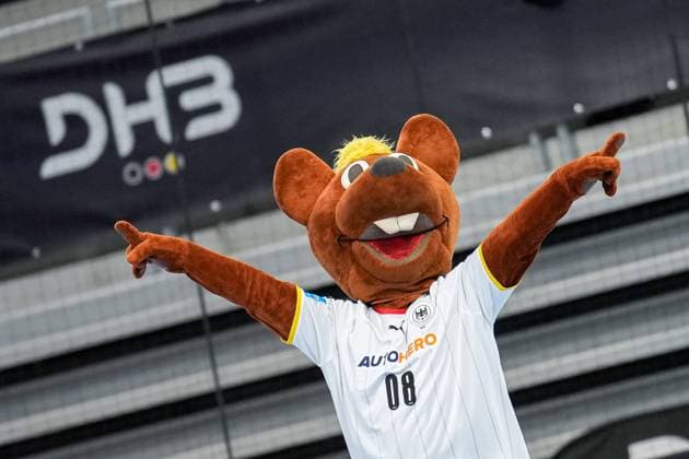 Hanniball DHB, mascot, single image, single photo, action, joy, glad, happy, friendly, cheerful, happy, beaming, optimistic, symbol photo, symbol, 05 03 2023, Heidelberg Germany , Handball, Women, Three Countries Tournament, Germany Poland xozx