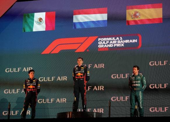 05 03 2023, Bahrain International Circuit, Sakhir, Formula 1 Gulf Air Bahrain Grand Prix 2023 ,in picture winner Max Verstappen NLD , Oracle Red Bull Racing, 2 place for Sergio Perez MEX , Oracle Red Bull Racing, 3 place for Fernando Alonso ESP , Aston Martin Aramco Cognizant Formula One Team Sakhir Bahrain International Circuit Bahrain  eu-images-506