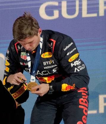 05 03 2023, Bahrain International Circuit, Sakhir, Formula 1 Gulf Air Bahrain Grand Prix 2023 ,in picture winner Max Verstappen NLD , Oracle Red Bull Racing gets the gold medal of FIA Sakhir Bahrain International Circuit Bahrain  eu-images-506