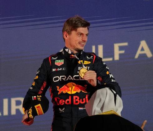 05 03 2023, Bahrain International Circuit, Sakhir, Formula 1 Gulf Air Bahrain Grand Prix 2023 ,in picture winner Max Verstappen NLD , Oracle Red Bull Racing gets the gold medal of FIA Sakhir Bahrain International Circuit Bahrain  eu-images-506