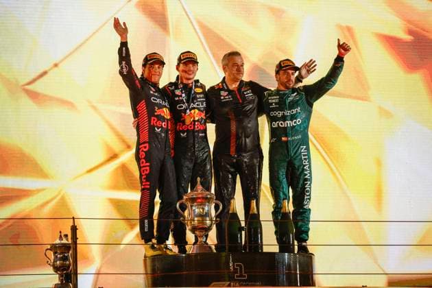 VERSTAPPEN Max (ned), Red Bull Racing RB19, portrait PEREZ Sergio (mex), Red Bull Racing RB19, portrait ALONSO Fernando (spa), Aston Martin F1 Team AMR23, portrait podium during the Formula 1 Gulf Air Bahrain Grand Prix 2023, 1st round of the 2023 FIA Formula One World Championship, WM, Weltmeisterschaft from March 2 to 5, 2023 on the Bahrain International Circuit, in Sakhir, Bahrain - F1 - BAHRAIN GRAND PRIX 2023 - RACE DPPI Panoramic 00123003__R5_0875