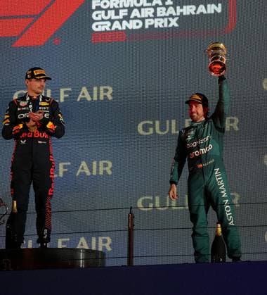 Formula 1 Gulf Air Bahrain Grand Prix 2023 05 03 2023, Bahrain International Circuit, Sakhir, Formula 1 Gulf Air Bahrain Grand Prix 2023 ,in picture winner Max Verstappen NLD , Oracle Red Bull Racing, 3rd place for Fernando Alonso ESP , Aston Martin Aramco Cognizant Formula One Team nordphotoxGmbHx xBratic nph00250