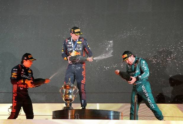Formula 1 Gulf Air Bahrain Grand Prix 2023 05 03 2023, Bahrain International Circuit, Sakhir, Formula 1 Gulf Air Bahrain Grand Prix 2023 ,in picture winner Max Verstappen NLD , Oracle Red Bull Racing, 2nd place for Sergio Perez MEX , Oracle Red Bull Racing, 3rd place for Fernando Alonso ESP , Aston Martin Aramco Cognizant Formula One Team nordphotoxGmbHx xBratic nph00250