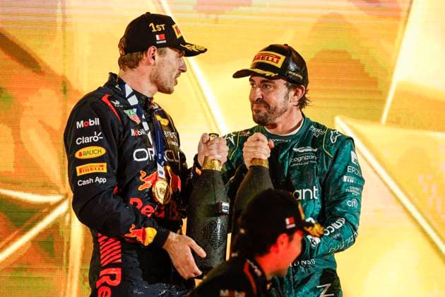 VERSTAPPEN Max (ned), Red Bull Racing RB19, portrait ALONSO Fernando (spa), Aston Martin F1 Team AMR23, portrait celebration podium during the Formula 1 Gulf Air Bahrain Grand Prix 2023, 1st round of the 2023 FIA Formula One World Championship, WM, Weltmeisterschaft from March 2 to 5, 2023 on the Bahrain International Circuit, in Sakhir, Bahrain - F1 - BAHRAIN GRAND PRIX 2023 - RACE DPPI Panoramic 00123003__R3_2369