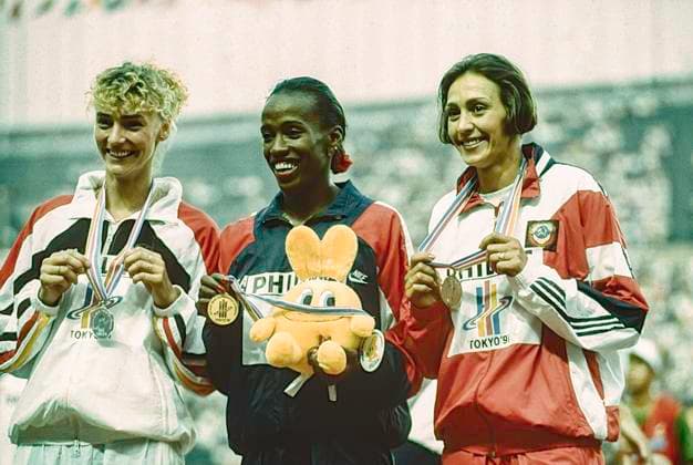 Track and Field Jackie Joyner-Kersee Jackie Joyner-Kersee (USA)-C- wins gold medal in the Women s Long Jump, Heike Drechsler (GR) -L- silver, Larysa Berezhna (URS) bronze,at the 1991 World Outdoor Track and Field Championships Tokyo Olympic Stadium Japan Copyright: xPaulxJxSutton DUOMO PCNx TF1201 071485
