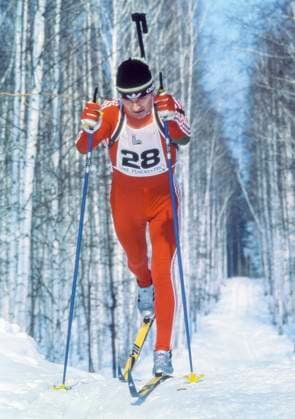 Lake Placid, United States. Soviet athlete Alexander Tikhonov competes during the 4 x 7,5 km men s biathlon event during the 1980 Winter Olympics. Robert Maximov TASS  57490913