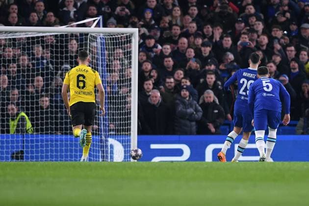 Soccer Champions League Round of 16 Chelsea FC Borussia Dortmund on 07 03 2023 at Stamford Bridge in London Kai Havertz Chelsea converts a penalty to 2 0 xHDx