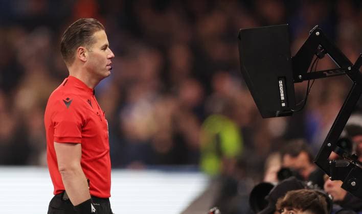 London, England, 7th March 2023. Referee Danny Makkelie looks at a VAR replay before awarding a penalty during the UEFA Champions League match at Stamford Bridge, London. Picture credit should read: David Klein Sportimage EDITORIAL USE ONLY. No use with unauthorised audio, video, data, fixture lists, club league logos or live services. Online in-match use limited to 120 images, no video emulation. No use in betting, games or single club league player publications. SPI-2283-0047