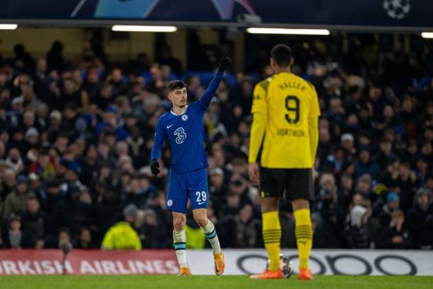England, London, 07 March 2023 - Kai Havertz of Chelsea celebrates after scoring goal during the UEFA Champions League round of 16 leg two match between Chelsea and Borussia Dortmund at Stamford Bridge stadium. Photo Sebastian Frej UEFA Champions League round of 16 leg two - Chelsea F.C. v Borussia Dortmund Copyright: xSebastianxFrejx