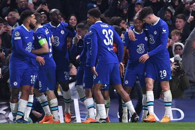 Soccer Champions League Round of 16 Chelsea FC Borussia Dortmund on 07 03 2023 at Stamford Bridge in London Goal celebrations Goal to 1 0 by Raheem Sterling Chelsea xHDx