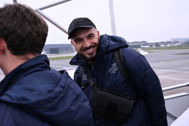 Union s Teddy Teuma pictured at the departure of Belgian soccer team Royale Union Saint-Gilloise, from Brussels airlines in Zaventem towards Berlin, Germany on Wednesday 08 March 2023. Union is traveling for tomorrow s game against German Union Berlin, the first leg of the round of 16 of the UEFA Europa League competition. LAURIExDIEFFEMBACQ  x62100239x
