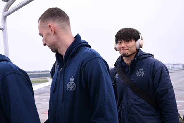 Union s Koki Machida (r) pictured at the departure of Belgian soccer team Royale Union Saint-Gilloise, from Brussels airlines in Zaventem towards Berlin, Germany on Wednesday 08 March 2023. Union is traveling for tomorrow s game against German Union Berlin, the first leg of the round of 16 of the UEFA Europa League competition. LAURIExDIEFFEMBACQ  x62100687x