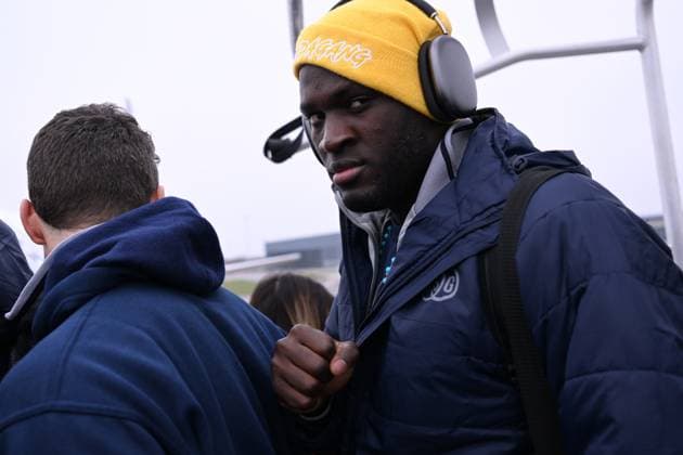 Union s Victor Boniface pictured at the departure of Belgian soccer team Royale Union Saint-Gilloise, from Brussels airlines in Zaventem towards Berlin, Germany on Wednesday 08 March 2023. Union is traveling for tomorrow s game against German Union Berlin, the first leg of the round of 16 of the UEFA Europa League competition. LAURIExDIEFFEMBACQ  x62101806x
