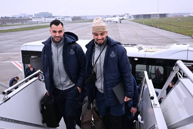 Union s goalkeeper Lucas Pirard and Union s Cameron Puertas Castro pictured at the departure of Belgian soccer team Royale Union Saint-Gilloise, from Brussels airlines in Zaventem towards Berlin, Germany on Wednesday 08 March 2023. Union is traveling for tomorrow s game against German Union Berlin, the first leg of the round of 16 of the UEFA Europa League competition. LAURIExDIEFFEMBACQ  x62102315x