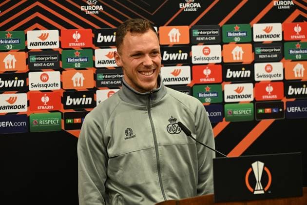 Union s Senne Lynen pictured during a press conference, PK, Pressekonferenz of Belgian soccer team Royale Union Saint-Gilloise, Wednesday 08 March 2023 in Berlin, Germany. Union is preparing for tomorrow s game against German Union Berlin, the first leg of the round of 16 of the UEFA Europa League competition. LAURIExDIEFFEMBACQ  x62127632x
