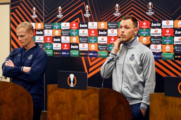 BERLIN, GERMANY - MARCH 08 : Geraerts Karel and Lynen Senne pictured during the media activities the day before the UEFA Europa League Round of 16, 1st leg match between Union Berlin and Union SG on March 8, 2023 in Berlin, Germany, 8 03 2023 ( Union Berlin v Union SG - UEFA Europa League - media activities PhotoNews Panoramic 