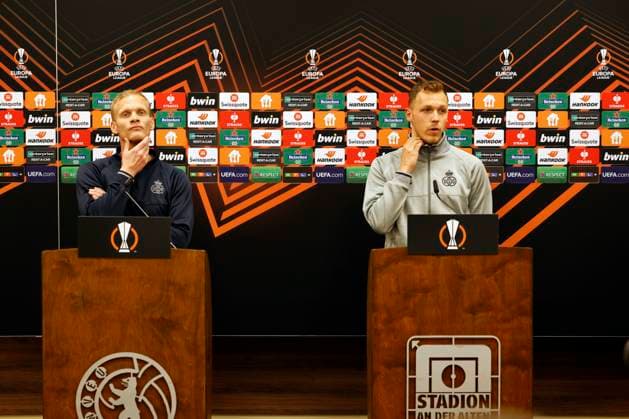 BERLIN, GERMANY - MARCH 08 : Geraerts Karel and Lynen Senne pictured during the media activities the day before the UEFA Europa League Round of 16, 1st leg match between Union Berlin and Union SG on March 8, 2023 in Berlin, Germany, 8 03 2023 ( Union Berlin v Union SG - UEFA Europa League - media activities PhotoNews Panoramic 