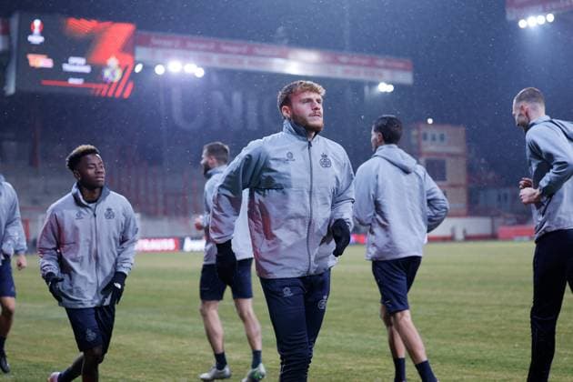 BERLIN, GERMANY - MARCH 08 : Vertessen Yorbe forward of Union St-Gilloise pictured during the media activities the day before the UEFA Europa League Round of 16, 1st leg match between Union Berlin and Union SG on March 8, 2023 in Berlin, Germany, 8 03 2023 ( Union Berlin v Union SG - UEFA Europa League - media activities PhotoNews Panoramic 