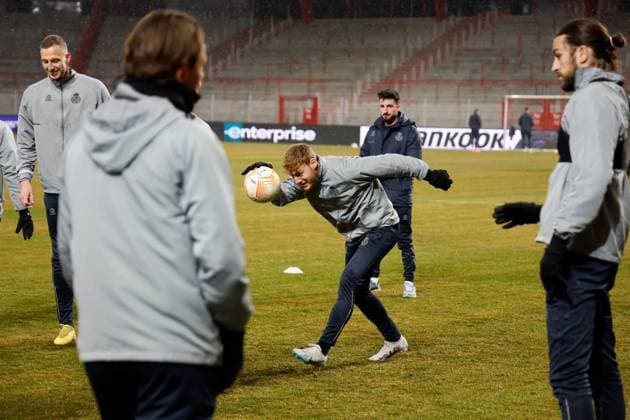 BERLIN, GERMANY - MARCH 08 : Vertessen Yorbe forward of Union St-Gilloise pictured during the media activities the day before the UEFA Europa League Round of 16, 1st leg match between Union Berlin and Union SG on March 8, 2023 in Berlin, Germany, 8 03 2023 ( Union Berlin v Union SG - UEFA Europa League - media activities PhotoNews Panoramic 