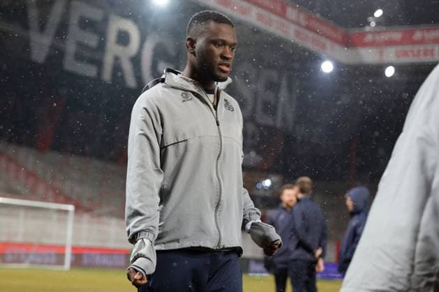 BERLIN, GERMANY - MARCH 08 : Boniface Victor forward of Union St-Gilloise pictured during the media activities the day before the UEFA Europa League Round of 16, 1st leg match between Union Berlin and Union SG on March 8, 2023 in Berlin, Germany, 8 03 2023 ( Union Berlin v Union SG - UEFA Europa League - media activities PhotoNews Panoramic 