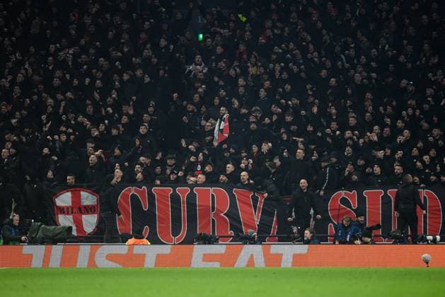 Football - 2022 2023 UEFA Champions League - Round of Sixteen - Second Leg - Tottenham Hotspur vs AC Milan - Tottenham Hotspur Stadium - Wednesday 8th March 2023 AC Milan fans. COLORSPORT Ashley Western 