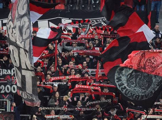 09 03 2023, xhbx, football UEFA Europa League 1 8 final, Bayer 04 Leverkusen Ferencvaros Budapest emspor, v l fans, scarf, banner, flag of Bayer Leverkusen DFL DFB REGULATIONS PROHIBIT ANY USE OF PHOTOGRAPHS as IMAGE SEQUENCES and or QUASI VIDEO Leverkusen