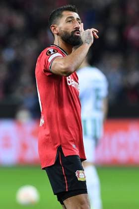 Soccer Europa League Round of 16 Bayer 04 Leverkusen Ferencvaros Budapest on 09 03 2023 at the BayArena in Leverkusen Goal celebration for 1 0 by Kerem Demirbay Leverkusen xRx