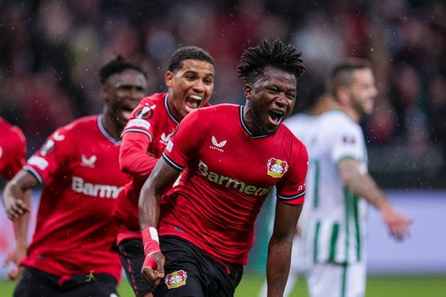 09 03 2023, Football, 2022 2022 season, UEFA Europa League, Round of 16, UEL, Bayer 04 Leverkusen Ferencvaros Budapest, Edmond Tapsoba Bayer 04 Leverkusen celebrates goal to make it 2 0, xRHR PHOTO ENx Copyright: RHR-FOTO DennisxEwertx RHR-FOTO DE