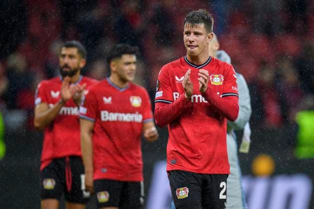 Soccer Europa League, 2022 2023 season, round of 16, Bayer 04 Leverkusen Ferencvaros Budapest on 09 03 2023 in Leverkusen North Rhine Westphalia final cheer, Leverkusen s Adam Hlozek Copyright: xKirchnerx xChristopherxNeundorfx