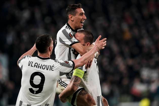 Angel Di Maria of Juventus celebrates with teammates Dusan Vlahovic and Leonardo Bonucci after scoring the goal of 1-0 during the Europa League football match between Juventus FC and Freiburg at Juventus stadium in Torino (Italy), March 9th, 2023. Photo Federico Tardito Insidefoto federicoxtardito