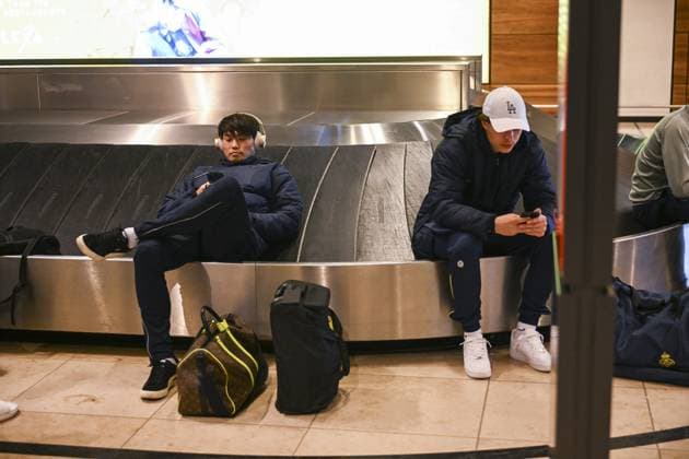 Union s players pictured waiting at the airport due to a cancelled flight after a soccer game between German Union Berlin and Belgian Royale Union Saint-Gilloise, Thursday 09 March 2023 in Berlin, Germany, the first leg of the round of 16 of the UEFA Europa League competition. LAURIExDIEFFEMBACQ  x62304136x