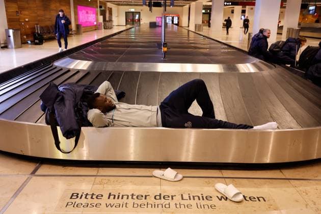 BERLIN, GERMANY - MARCH 10 : Boniface Victor forward of Union St-Gilloise pictured at Berlin airport after their flight was cancelled after the UEFA Europa League Round of 16, 1st leg match between Union Berlin and Union SG on March 10, 2023 in Berlin, Germany, 10 03 2023 ( Union Berlin v Union SG - UEFA Europa League PhotoNews Panoramic 