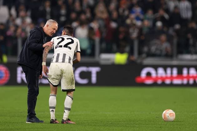 Turin, Italy, 9th March 2023. Christian Streich Head coach of SC Freiburg discusses with Angel Di Maria of Juventus following the final whistle of the UEFA Europa League match at Allianz Stadium, Turin. Picture credit should read: Jonathan Moscrop Sportimage EDITORIAL USE ONLY. No use with unauthorised audio, video, data, fixture lists, club league logos or live services. Online in-match use limited to 120 images, no video emulation. No use in betting, games or single club league player publications. SPI-2273-0059