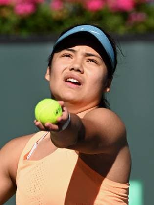 INDIAN WELLS, CA - MARCH 09: Emma Raducanu of Great Britain serving during a tennis match at the BNP Paribas Open played on March 9, 2023 at the Indian Wells Tennis Garden in Indian Wells, CA.(Photo by John Cordes Icon Sportswire) TENNIS: MAR 09 BNP Paribas Open Icon506230309060