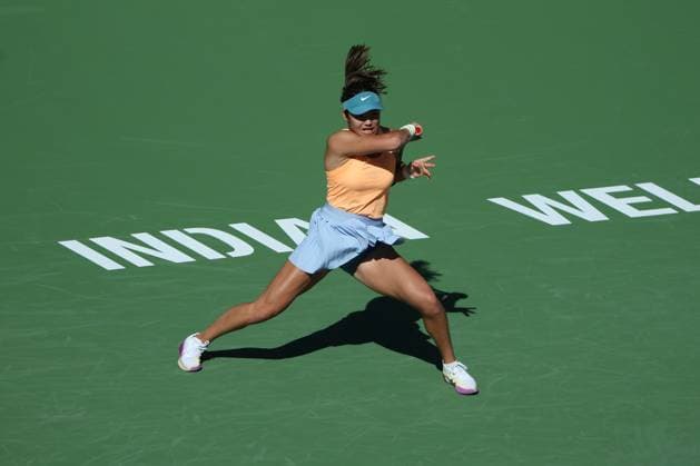 Emma Raducanu in action during her first round at the BNP Paribas Open at Indian Wells TENNIS : Indian Wells 2023 AntoineCouvercelle Panoramic 