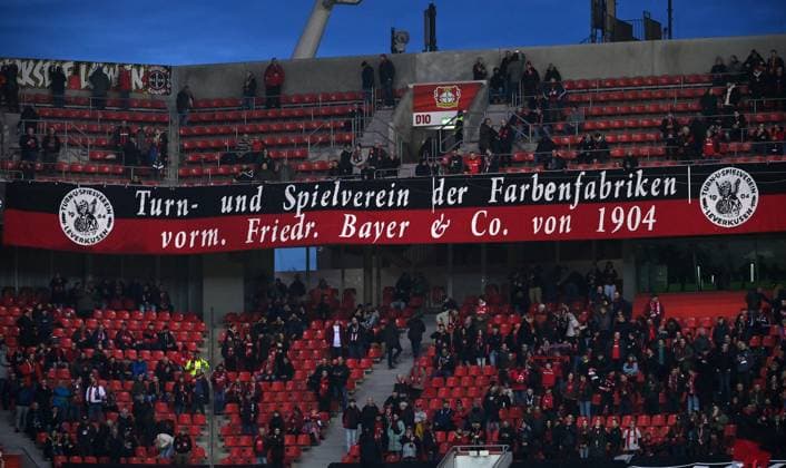 Fan banner on the history of Bayer 04 Leverkusen 09 03 2023, football Europa League, season 2022 23, round of 16, Bayer 04 Leverkusen Ferencvaros Budapest 2 0 Leverkusen BayArena Nordrhein Westfalen Germany Team2