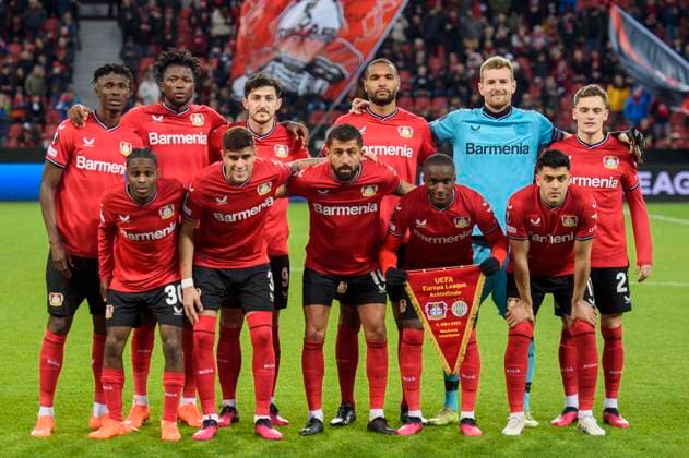 Soccer Europa League, 2022 2023 season, round of 16, Bayer 04 Leverkusen Ferencvaros Budapest on 09 03 2023 in Leverkusen North Rhine Westphalia team photo Leverkusen, v h l Leverkusen s Odilon Kossounou Leverkusen s Edmond Tapsoba Leverkusen s Sardar Azmoun Leverkusen s Jonathan Tah Leverkusen s Lukas Hradecky Leverkusen s Florian Wirtz v v l Leverkusen s Jeremie Frimpong Leverkusen s Piero Hincapie Leverkusen s Kerem Demirbay Leverkusen s Moussa Diaby Leverkusen s Nadiem Amiri Copyright: xKirchnerx xChristopherxNeundorfx