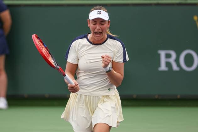 INDIAN WELLS, CA - MARCH 10: Donna Vekic (CRO) reacts to a point during the BNP Paribas Open on March 10, 2023 at the Indian Wells Tennis Garden in Indian Wells, CA. (Photo by George Walker Icon Sportswire) TENNIS: MAR 10 BNP Paribas Open Icon230310023
