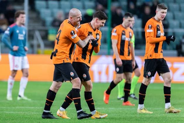 March 9, 2023, Warsaw, Poland: Yaroslav Rakitskiy (L) and Neven Durasek (R) of Shakhtar celebrate a goal during the UEFA Europa League 2022 23 1st leg round of 16 match between Shakhtar Donetsk and Feyenoord Rotterdam at Marshal Jozef Pilsudski Municipal Stadium of Legia Warsaw..Final score: Shakhtar Donetsk 1:1 Feyenoord Rotterdam. Warsaw Poland - ZUMAs197 20230309_zaa_s197_666 Copyright: xMikolajxBarbanellx