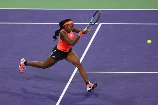 Coco Gauff (USA) in action at the BNP Paribas Open at Indian Wells TENNIS : Indian Wells 2023 AntoineCouvercelle Panoramic 