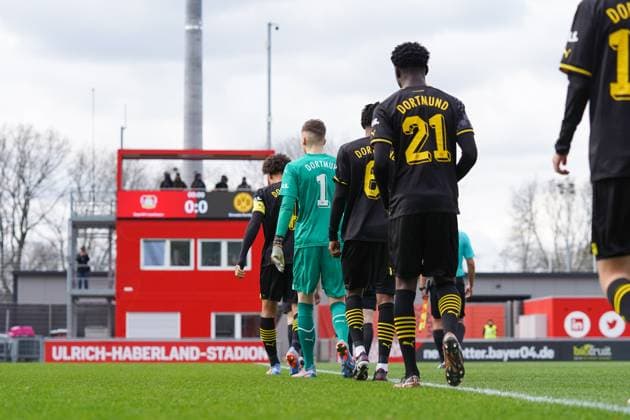 Saturday, 11 03 2023 Season 2022 2023 15 Matchday A Junior Bundesliga at Ulrich Haberland Stadion, Leverkusen, Germany SV Bayer Leverkusen U19 BV Borussia Dortmund U19 Teams Entries