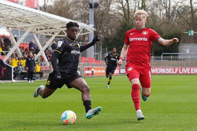 Saturday, 11 03 2023 Season 2022 2023 15 Matchday A Junior Bundesliga at Ulrich Haberland Stadion, Leverkusen, Germany SV Bayer Leverkusen U19 BV Borussia Dortmund U19 Samuel Bamba Borussia Dortmund U19 10